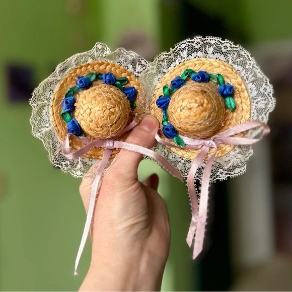 VTG Handmade Wicker Sun Hats Lace & Floral Magnet Cottagecore Farmhouse Set of 2 - Picture 3 of 10